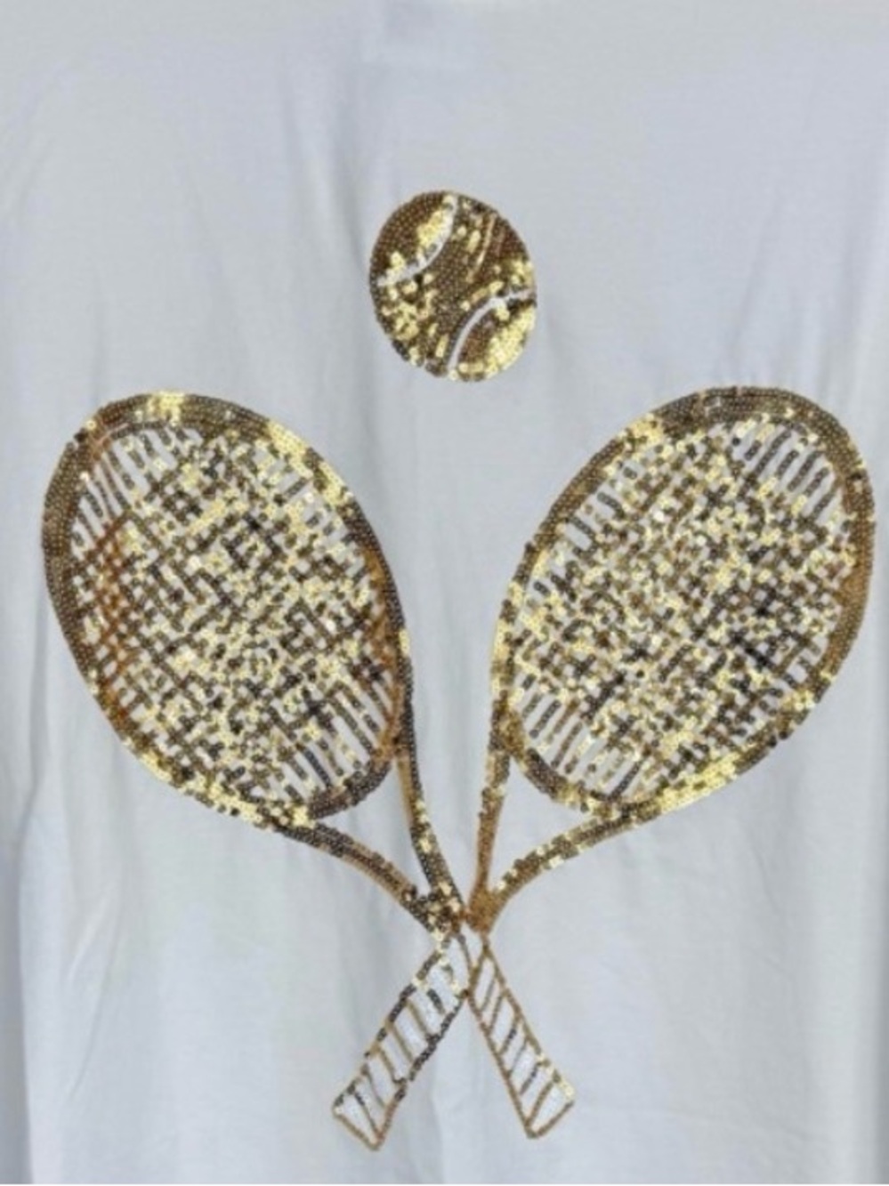 QUEEN OF SPARKLES White Sweatshirt with Gold Sequin Tennis Rackets